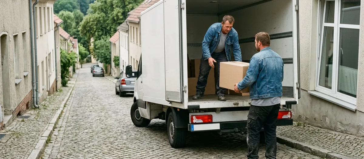 Geräumter Hausrat wird getrennt in das offene Heck eines Umzugswagens geladen, der an einer Pflasterstraße steht