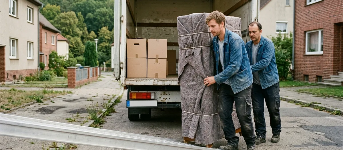 Zwei Umzugshelfer tragen eine zerlegte Werkbank aus einem offenen Scheunentor zum Wagen