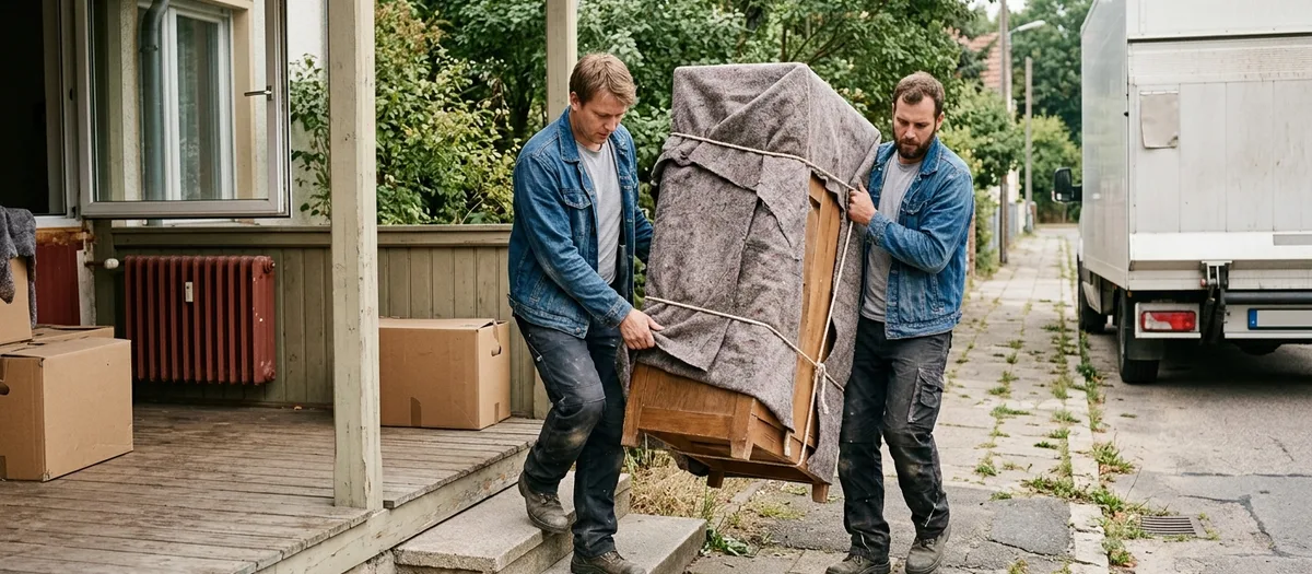 Mit Decken abgedeckte Möbel und gestapelte Kartons in einer verschlossenen Lagerbox